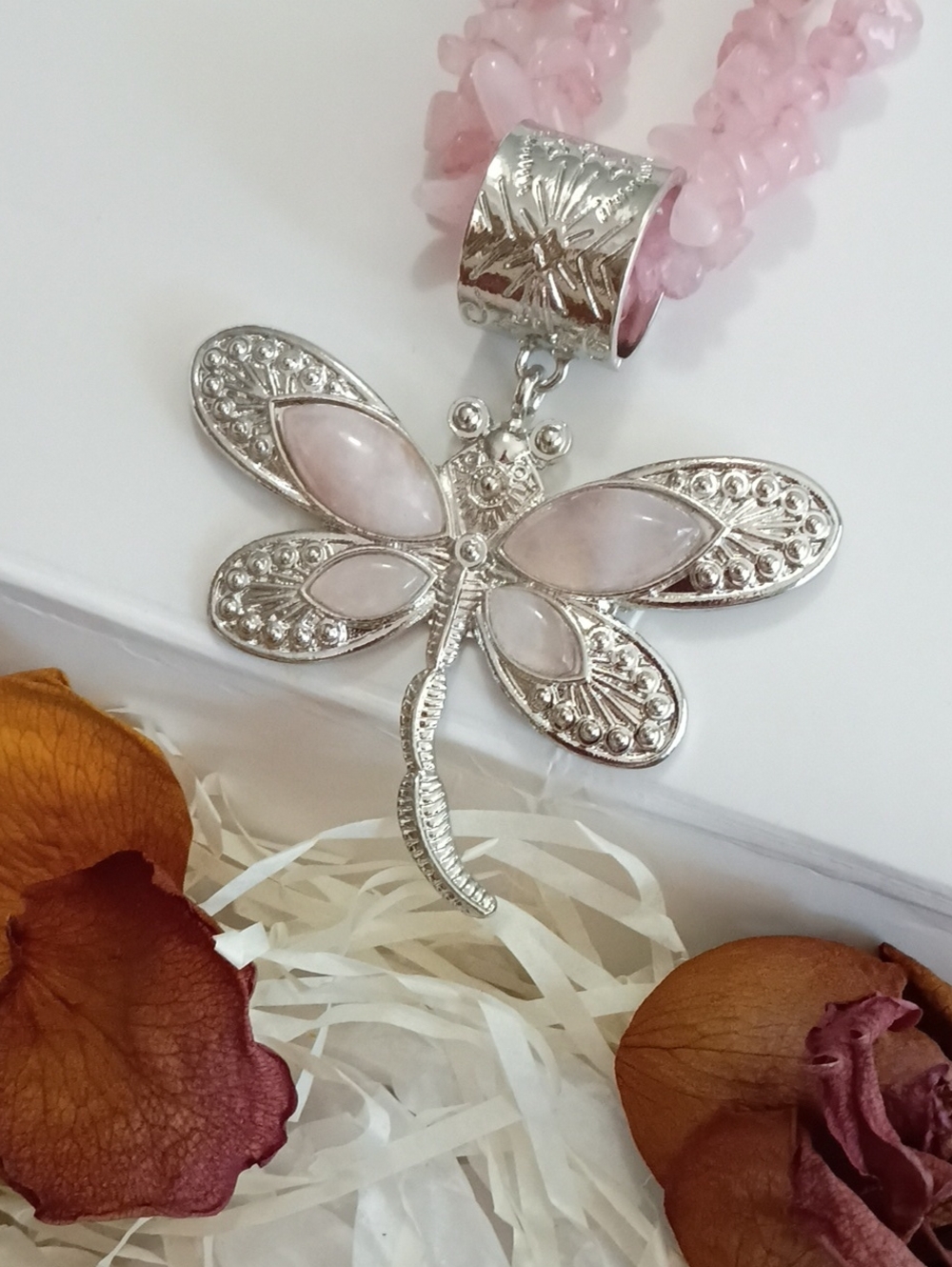 Rose Quartz Silver Dragonfly Pendant Necklace Multi Strand Gorgeous